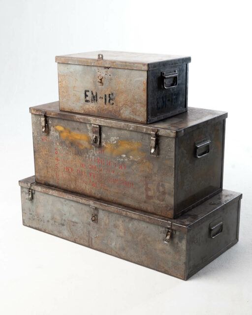 Front view of Barron Steel Shipping Trunks Set