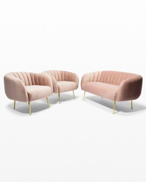 Front view of Louise Rose Gold Velvet Loveseat and Armchairs Set