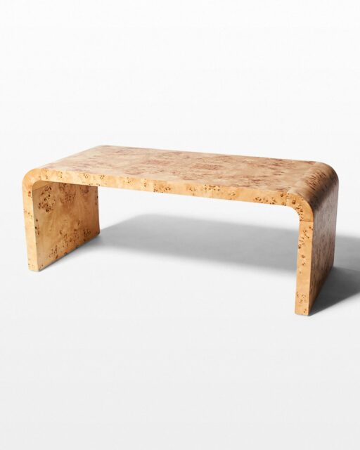 Front view of Ward Burl Wood Waterfall Coffee Table