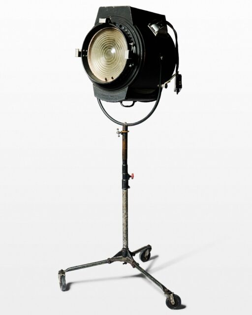 Front view of Hollywood Vintage Fresnel Spotlight On Rolling Stand *DOES NOT LIGHT UP, EASILY RIGGED*