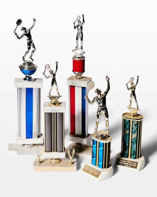 Front view of Ashe Set of 5 Tennis Trophies