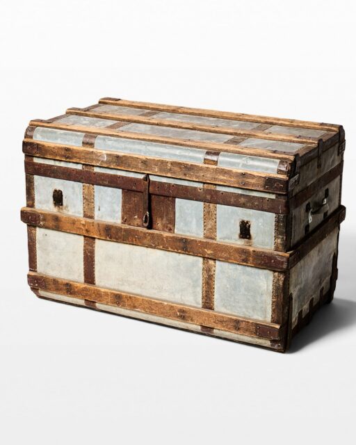 Front view of Distressed Metal Lined Wooden Trunk