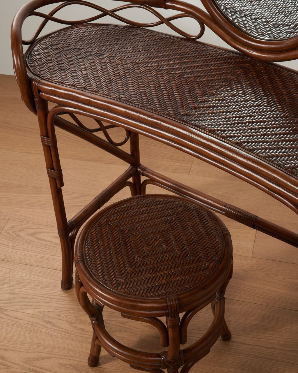TB397 Clarissa Rattan Mirror Vanity With Stool Prop Rental - ACME Brooklyn